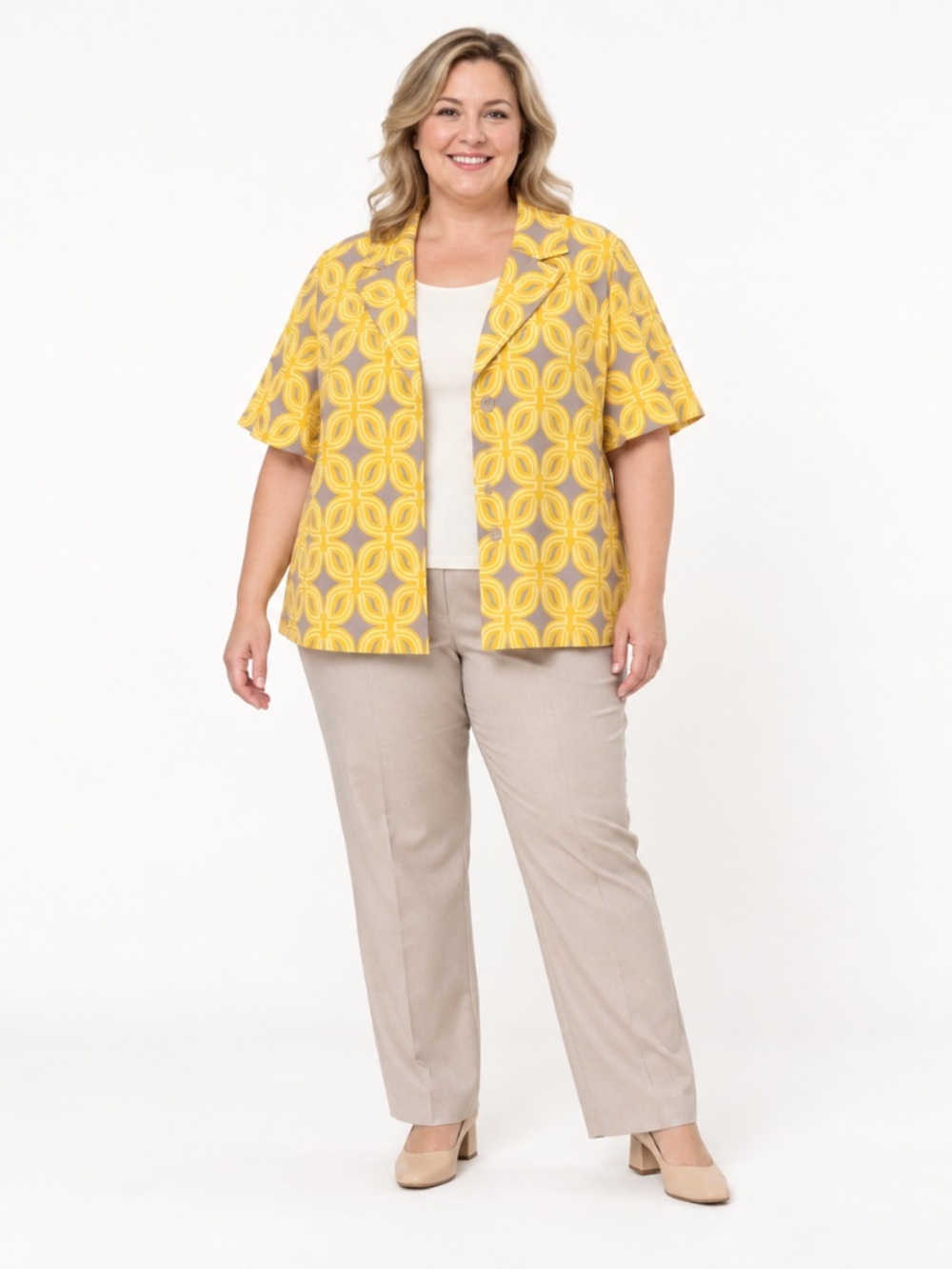 Coldwater Creek Size 20-22 Geometric Short Sleeve Jacket Yellow Taupe